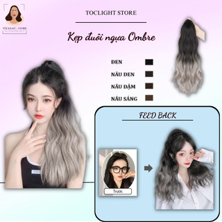  Tóc giả Ngoạm đuôi ngựa xám khói Ombre Xoăn gợn sóng dài 50cm- Kẹp ngoạm đuôi ngựa omber xinh xắn 