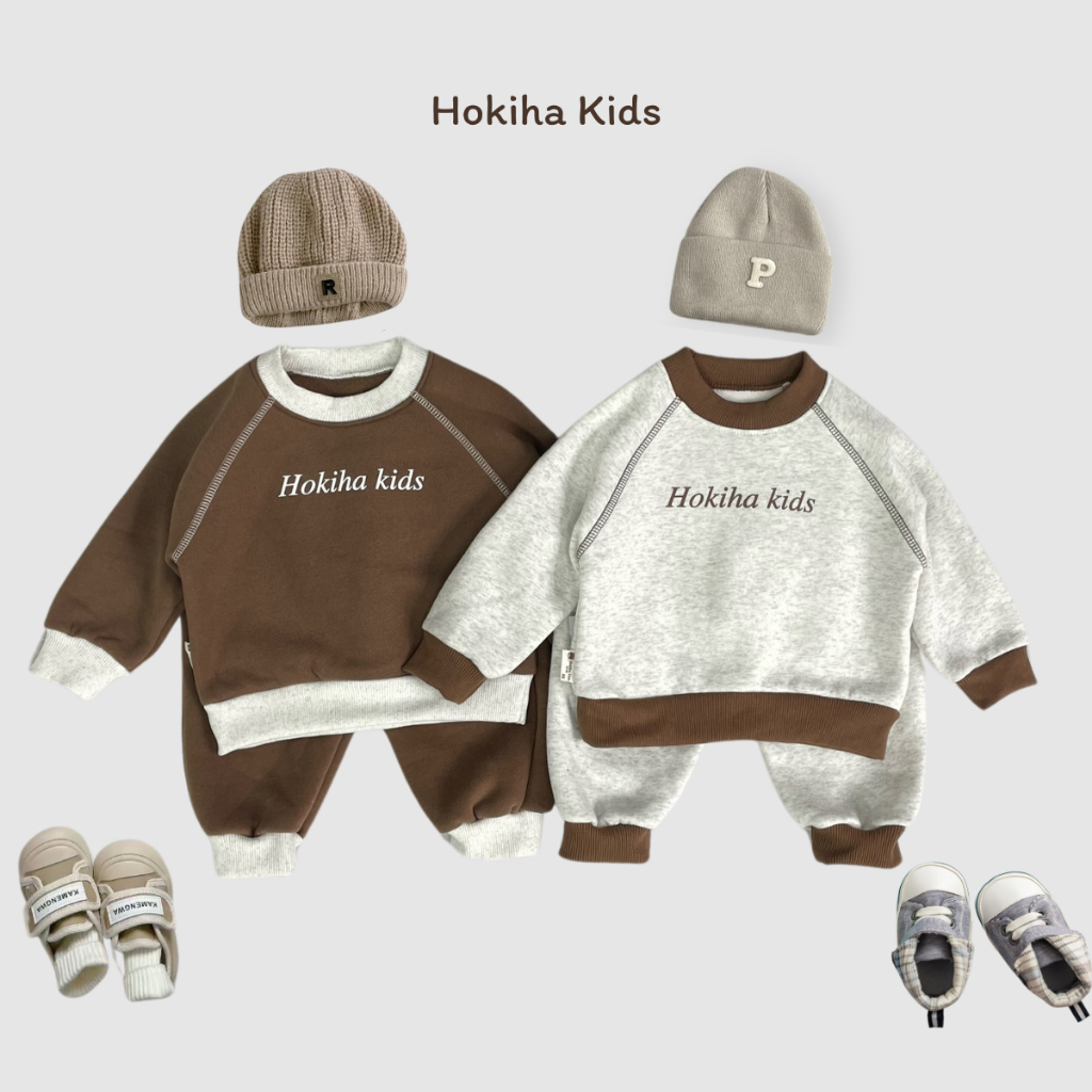 TE523 Bộ áo + quần chất nỉ bông không xù in chữ Hokiha Kids phối chỉ nổi siêu xịn cho bé trai bé gái size từ 8-16kg
