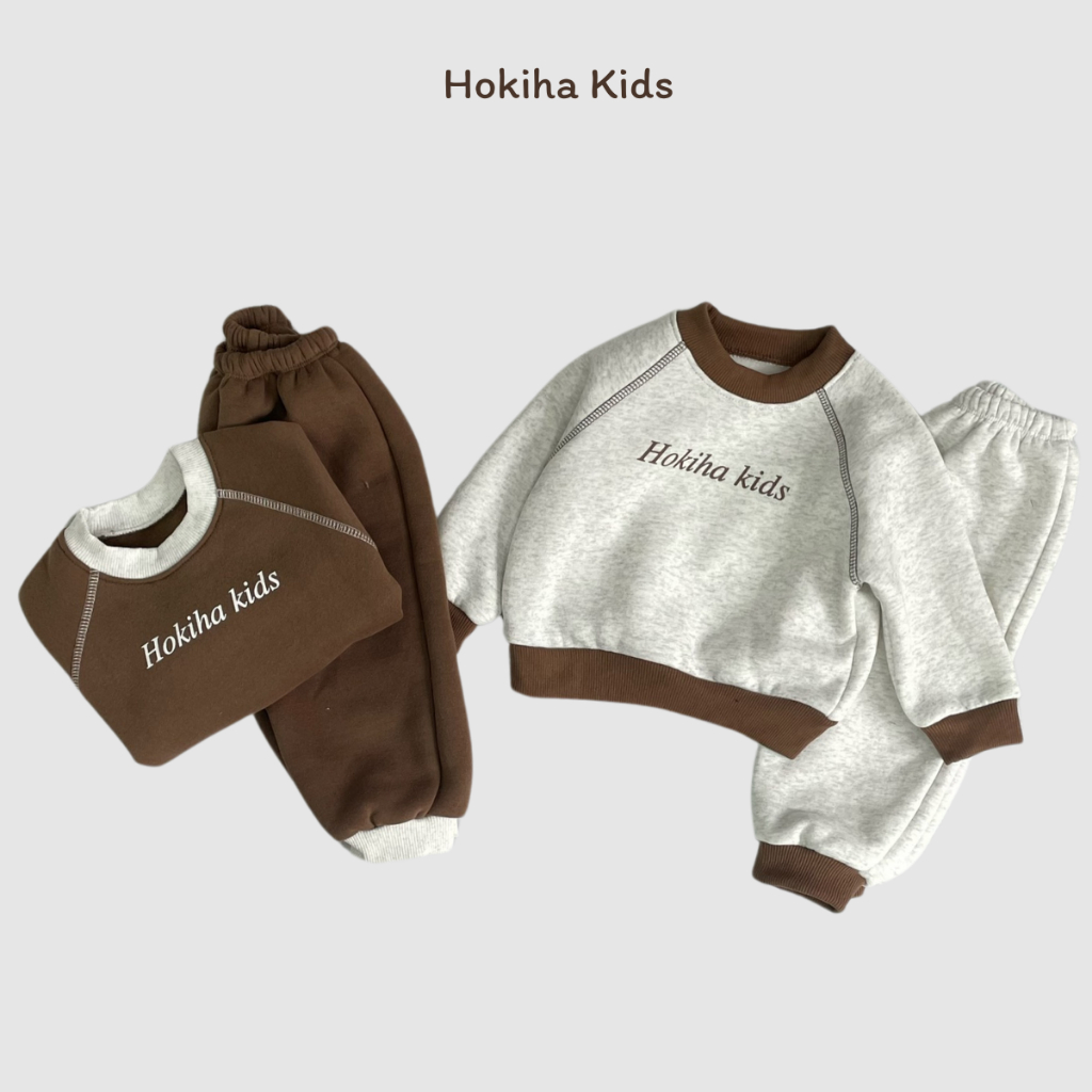 TE523 Bộ áo + quần chất nỉ bông không xù in chữ Hokiha Kids phối chỉ nổi siêu xịn cho bé trai bé gái size từ 8-16kg