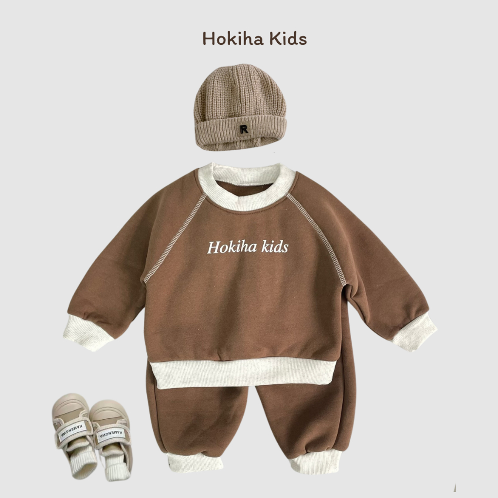 TE523 Bộ áo + quần chất nỉ bông không xù in chữ Hokiha Kids phối chỉ nổi siêu xịn cho bé trai bé gái size từ 8-16kg