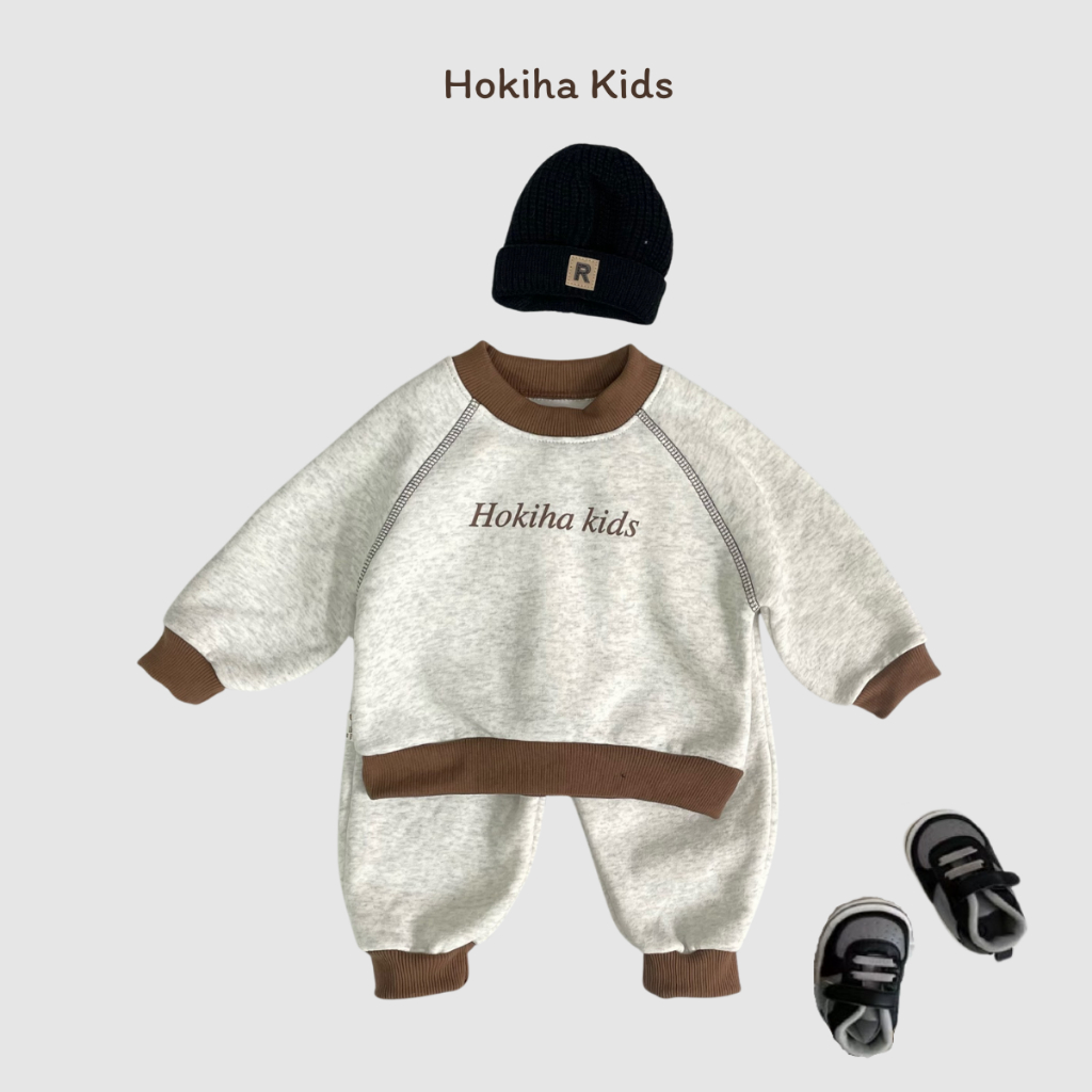 TE523 Bộ áo + quần chất nỉ bông không xù in chữ Hokiha Kids phối chỉ nổi siêu xịn cho bé trai bé gái size từ 8-16kg