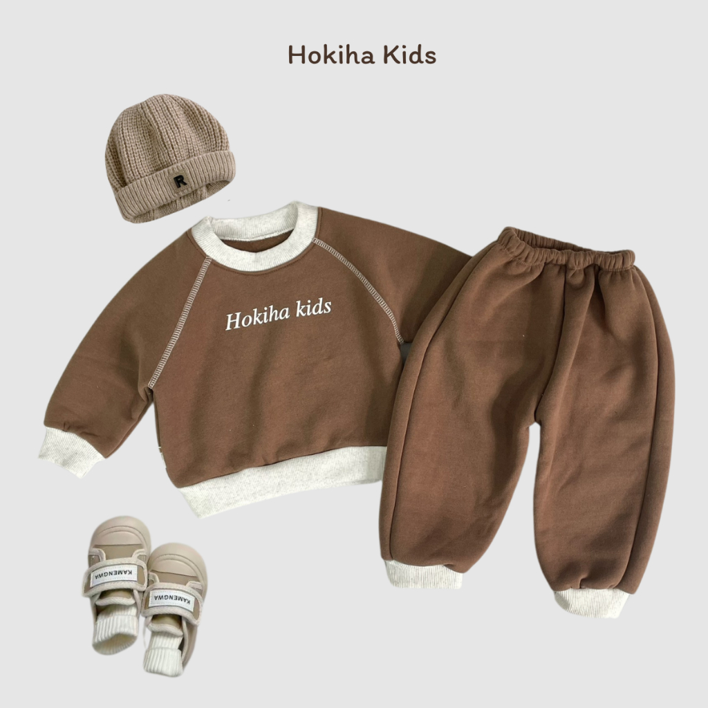 TE523 Bộ áo + quần chất nỉ bông không xù in chữ Hokiha Kids phối chỉ nổi siêu xịn cho bé trai bé gái size từ 8-16kg