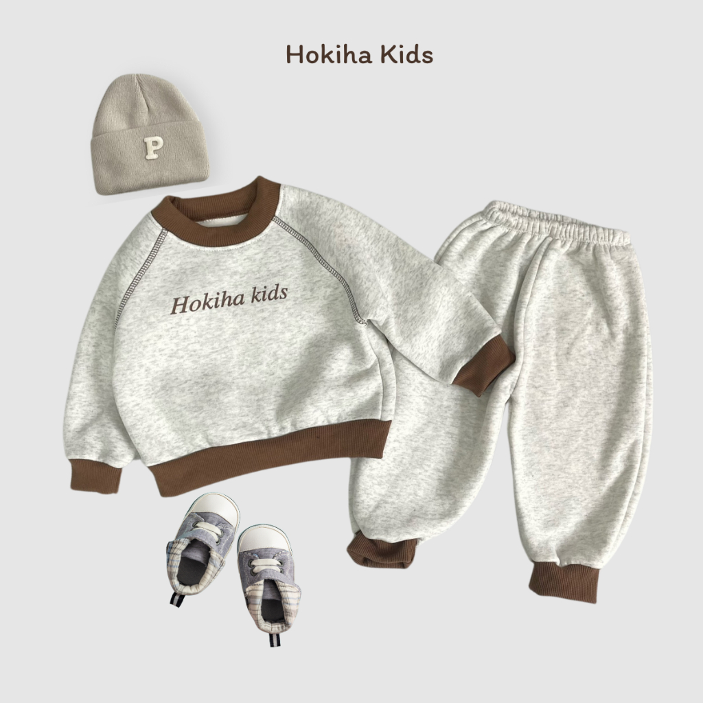 TE523 Bộ áo + quần chất nỉ bông không xù in chữ Hokiha Kids phối chỉ nổi siêu xịn cho bé trai bé gái size từ 8-16kg