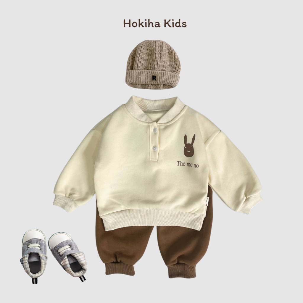 TE522 Siêu ấm Bộ áo +quần nỉ lót lông nhung mềm mịn Hokiha Kids, bộ nỉ dày lót lông ấm cho bé trai bé gái từ 8-16kg