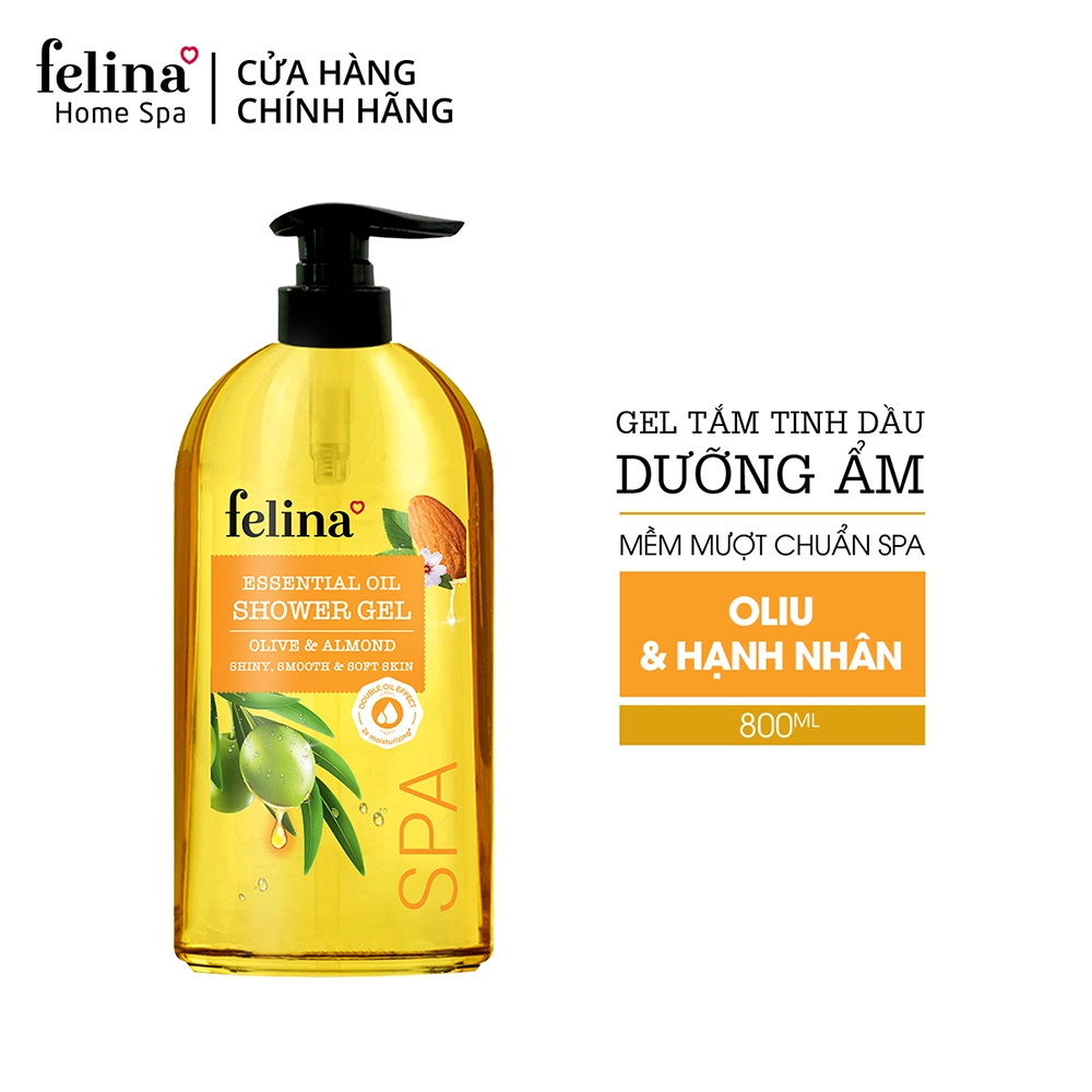 Sữa Tắm Dưỡng Thể Dạng Gel Felina Home Spa 800ml tinh dầu Oliu & Hạnh Nhân dưỡng ẩm giúp da mềm mịn, căng mướt gấp 2 lần