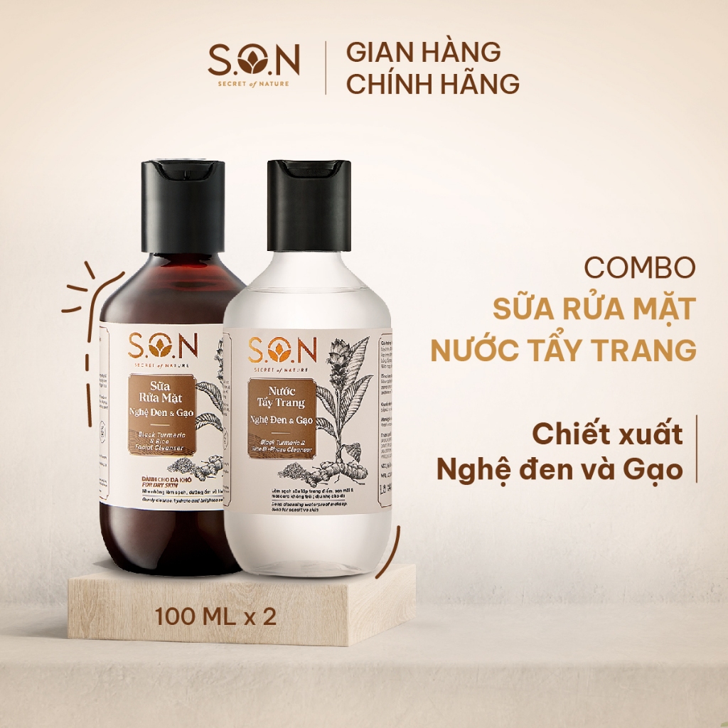 Combo Nước tẩy trang và sữa rửa mặt nghệ đen và gạo S.O.N 100ml/chai