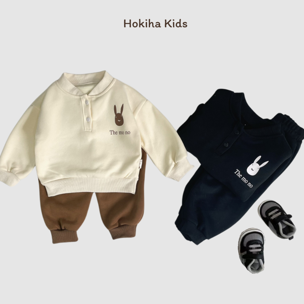 TE522 Siêu ấm Bộ áo +quần nỉ lót lông nhung mềm mịn Hokiha Kids, bộ nỉ dày lót lông ấm cho bé trai bé gái từ 8-16kg