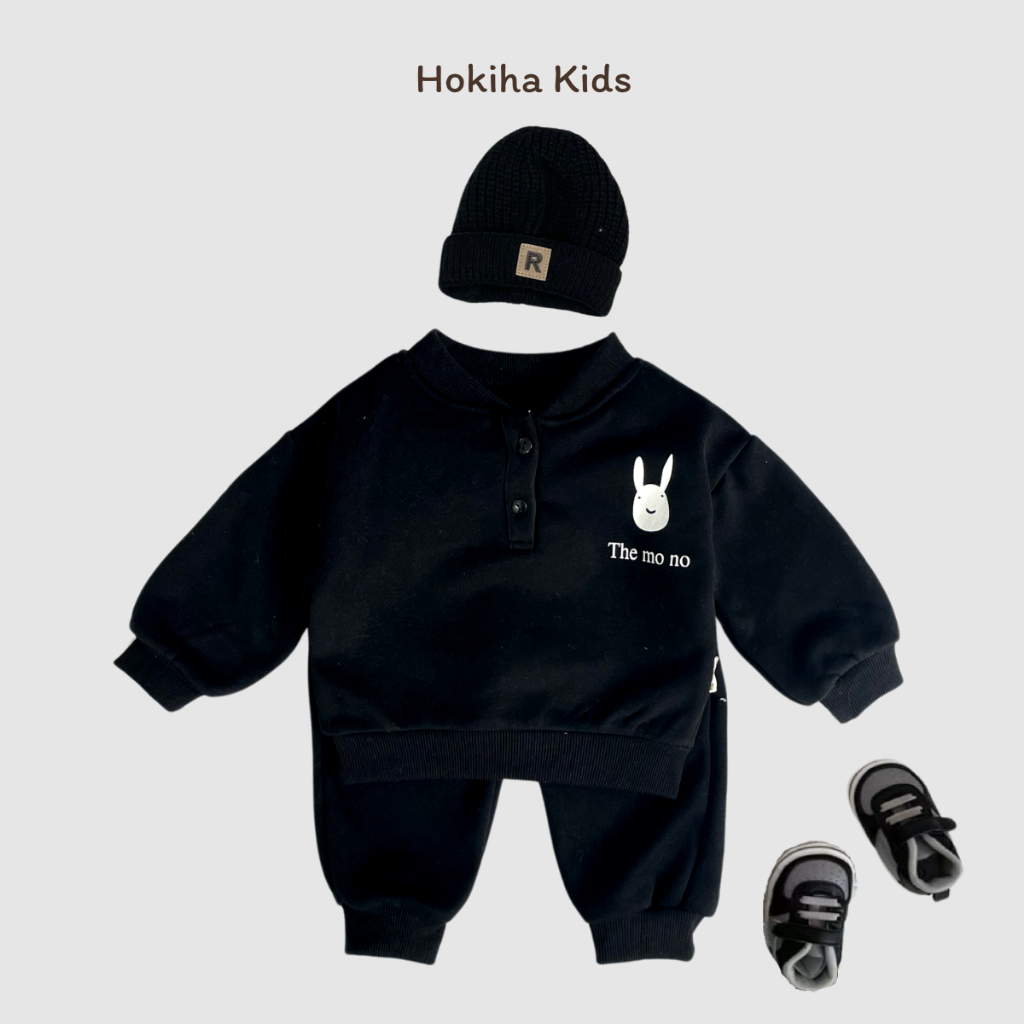 TE522 Siêu ấm Bộ áo +quần nỉ lót lông nhung mềm mịn Hokiha Kids, bộ nỉ dày lót lông ấm cho bé trai bé gái từ 8-16kg
