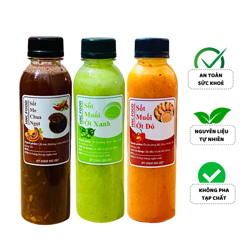 Combo 3 chai muối ớt xanh - đỏ - sốt me HNC chấm cả thế giới, combo sốt chấm thịt nướng và hải sản tiện lợi thơm ngon
