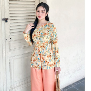 Bộ bà ba hoa lụa tay dài cổ tròn kèm quần lụa satin trơn L01