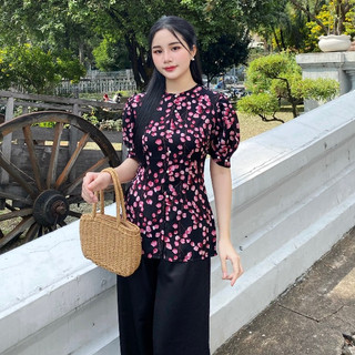 Bộ bà ba lụa mango hoa tay búp cổ tròn đính cúc ngọc L2