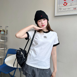  Áo thun nữ baby tee thêu chữ P phối viền sọc tay vải cotton premium dày dặn chuẩn form 