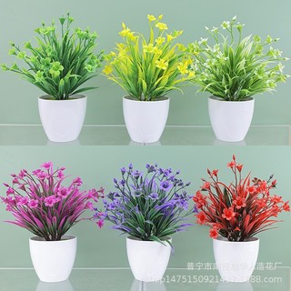  Chậu cây giả cỏ 3 lá  KÈM CHẬU  giả có hoa Trang trí decor Đồ trang trí Nhiều màu sắc 