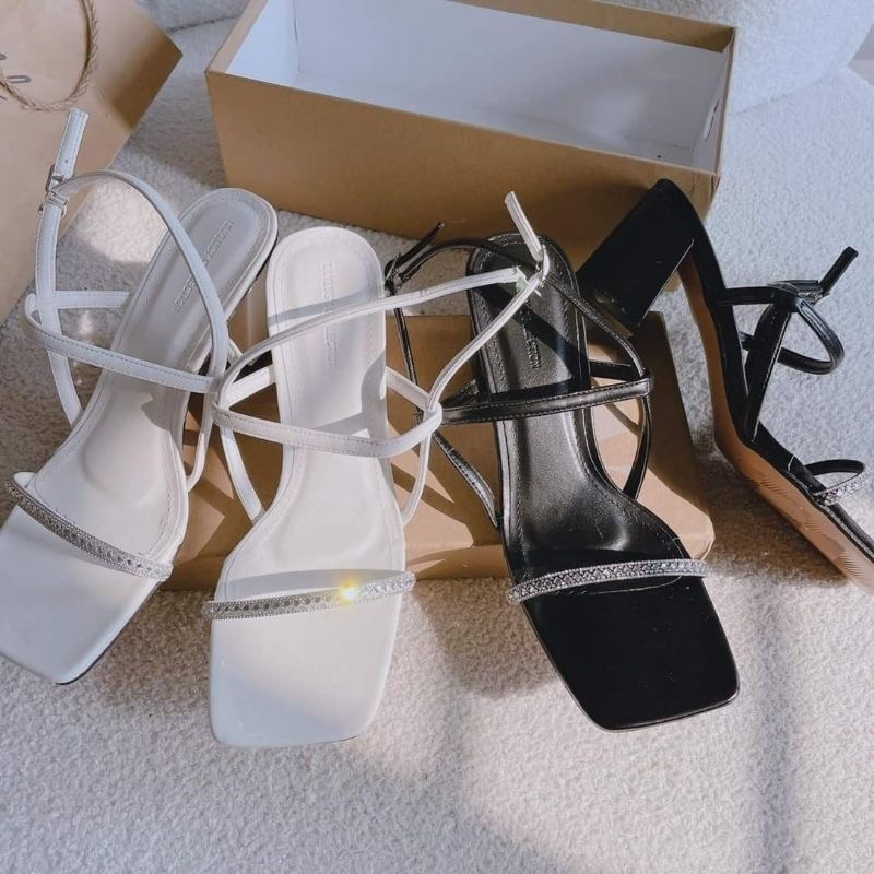 Giày sandal nữ gót vuông quai ngang mảnh đính xoàn siêu sang 7p đen, trắng