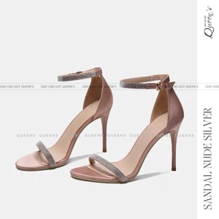 Giày cao gót đính đá nude satin queens store xinh thanh mảnh tôn dáng cao 8-10-11cm