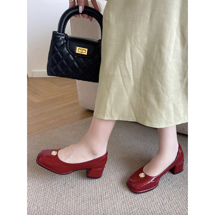 Mùa Xuân Năm 2024 Mới Giày Nữ Mũi Vuông Da Sáng Chế Gót Dày Cao Vừa Đa Năng Nhỏ Giày Da đi lại
