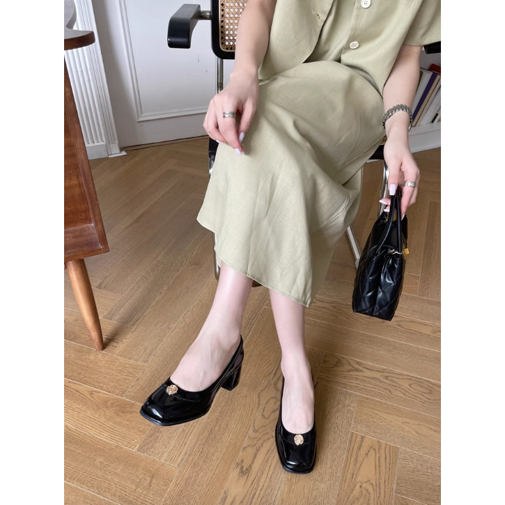 Mùa Xuân Năm 2024 Mới Giày Nữ Mũi Vuông Da Sáng Chế Gót Dày Cao Vừa Đa Năng Nhỏ Giày Da đi lại