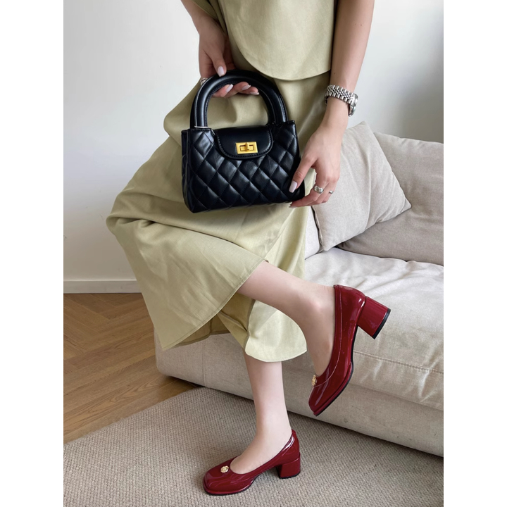 Mùa Xuân Năm 2024 Mới Giày Nữ Mũi Vuông Da Sáng Chế Gót Dày Cao Vừa Đa Năng Nhỏ Giày Da đi lại