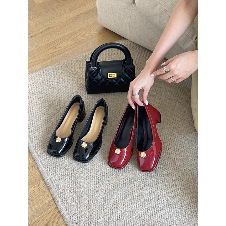 Mùa Xuân Năm 2024 Mới Giày Nữ Mũi Vuông Da Sáng Chế Gót Dày Cao Vừa Đa Năng Nhỏ Giày Da đi lại