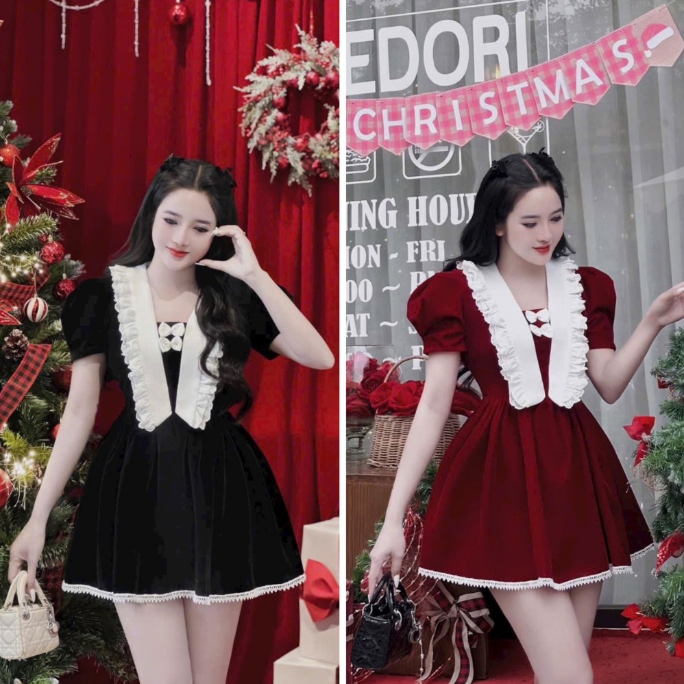 Đầm nữ dáng xòe chất nhung tay bồng cổ đính viền