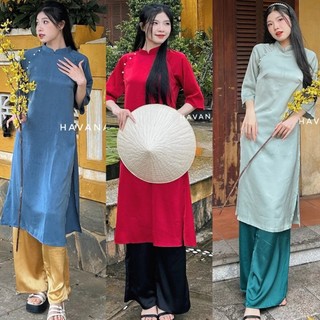 Set áo dài cách tân nữ lụa trơn đính cúc ngọc kèm quần phối màu 2024 - Retrostyle.vn - Aodai0264_P11K15