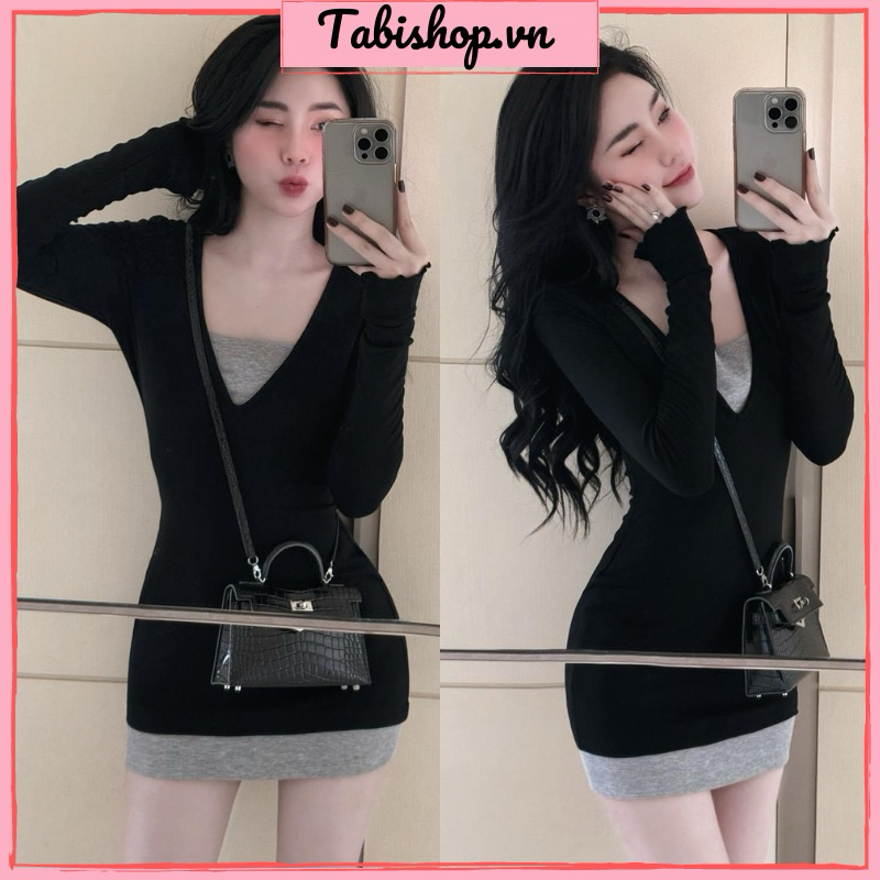 Đầm body đen tay dài phối xám giả set TABISHOP Váy body sexy ôm eo màu sắc basic tôn dáng đi chơi hottrend