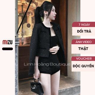 Set Dạ Nữ Croptop Đính Kim Sa Óng Ánh Sang Trọng Cổ Tròn Dài Tay Quần - Bộ Chất Vải Dạ Cao Cấp Hàng 2 Lớp Đệm Vai
