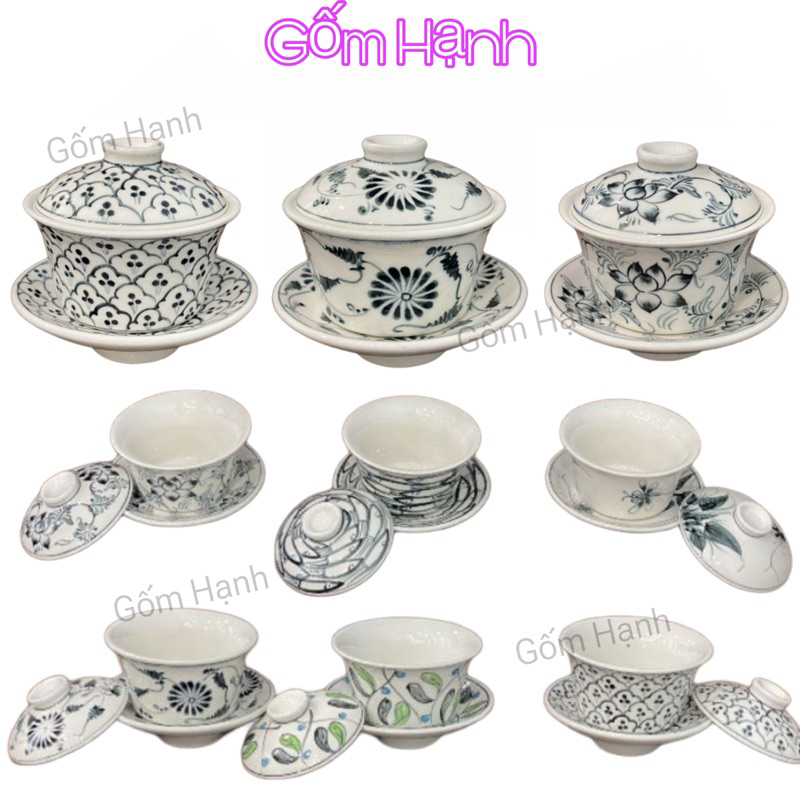 Bát sâm bát uống trà có nắp men cổ hoa văn vẽ tay siêu đẹp - Dung tích 200ml