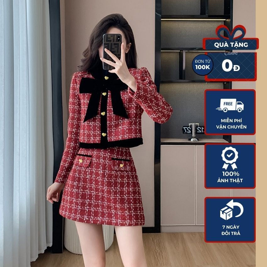 Set áo khoác dạ kẻ đỏ nơ nhung mix chân váy ngắn chữ A tiểu thư S13 gezzclothes
