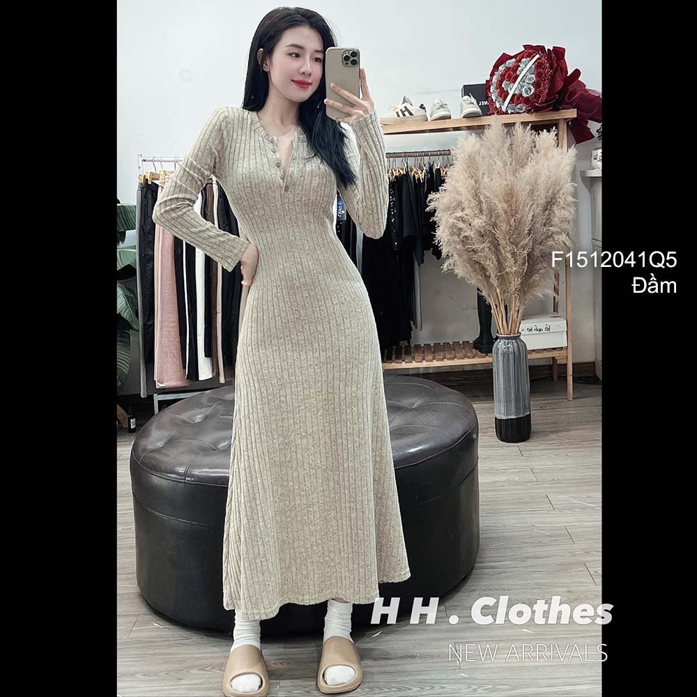 Đầm len gân xòe nút cổ dáng dài ! PINKShop 1990