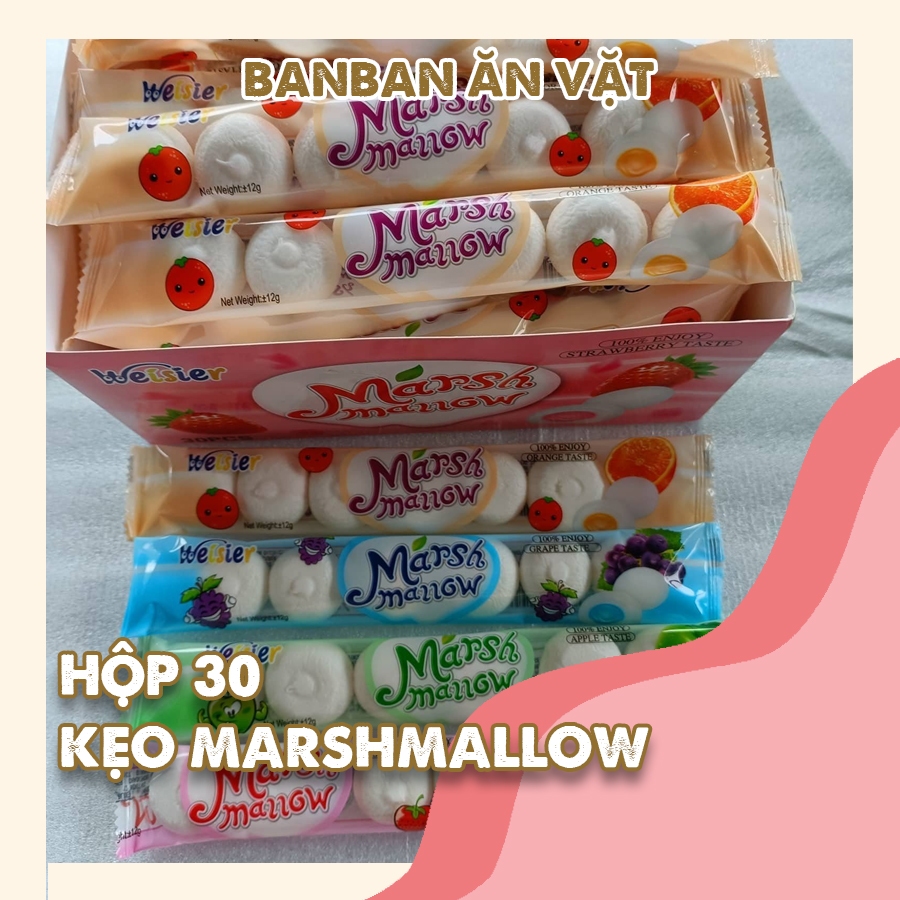 Hộp 30 gói Kẹo Marshmallow Vị Trái Cây, Kẹo Xốp Marsh Mallow, kẹo dẻo, đồ ăn vặt
