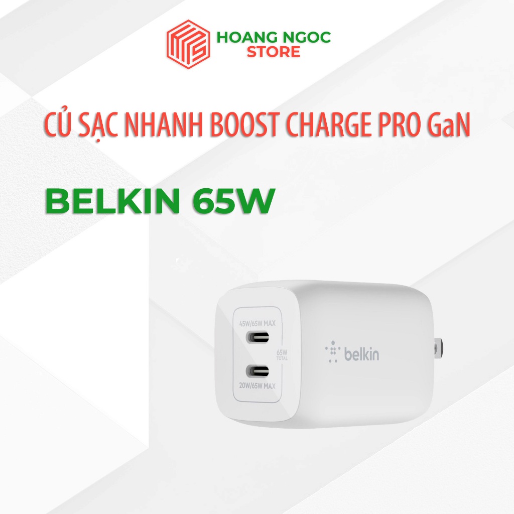 Củ sạc nhanh Belkin Boost Charge Pro GaN 65W - 2 cổng USB C PD 3.0 PPS, tương thích điện thoại, máy 