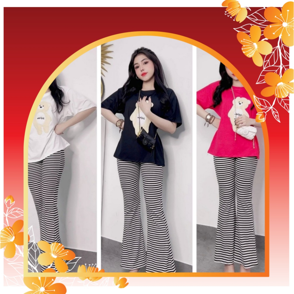Set Loe Sọc Quần Thun Gân Áo Thêu Gấu Bigsize Mặc Nhà