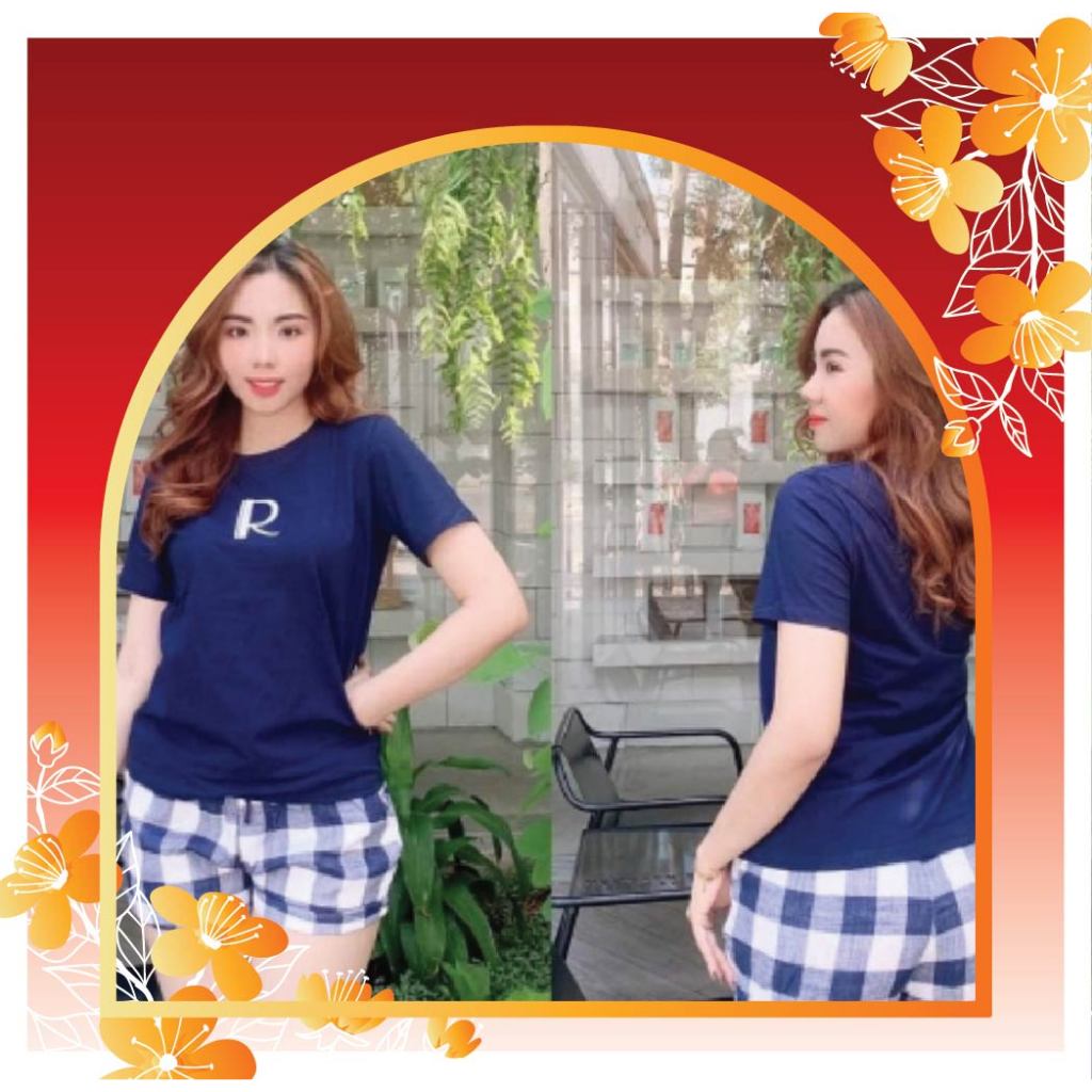 Set Bộ Đùi Caro Thêu Chữ R, Bộ Chất Thun Cotton Thoáng Mát Bigsize Mặc Nhà
