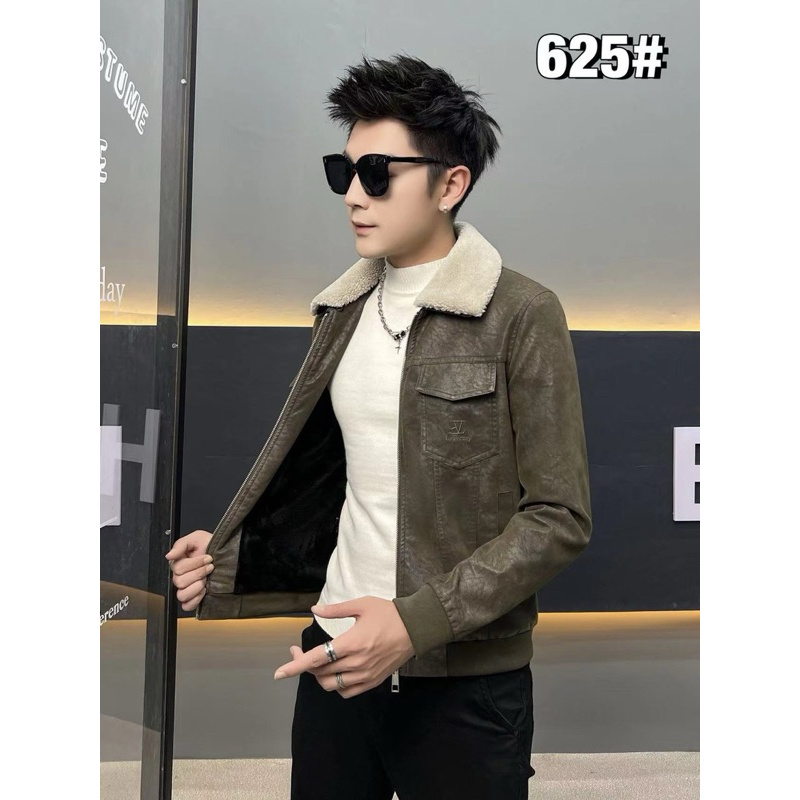 Áo khoác da lộn nam LV cổ lông tháo rời
