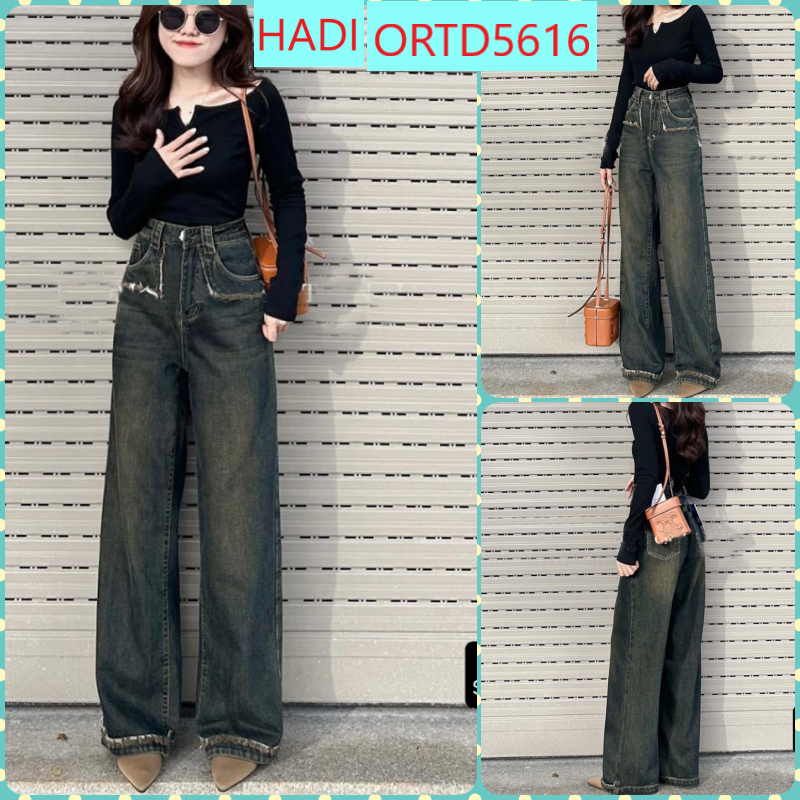 QUẦN JEANS ỐNG RỘNG NỮ LƯNG CAO 2 TÚI VUÔNG NHỎ XÙ PHỐI BẢN LAI XÙ MÀU XÁM PHỦ VÀNG SIÊU CÁ TÍNH