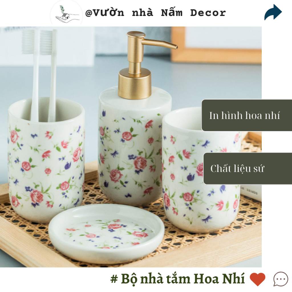 Bộ đồ nhà tắm, bình đựng sữa tắm, dầu gội, nước rửa tay chất liệu sứ họa tiết vintage