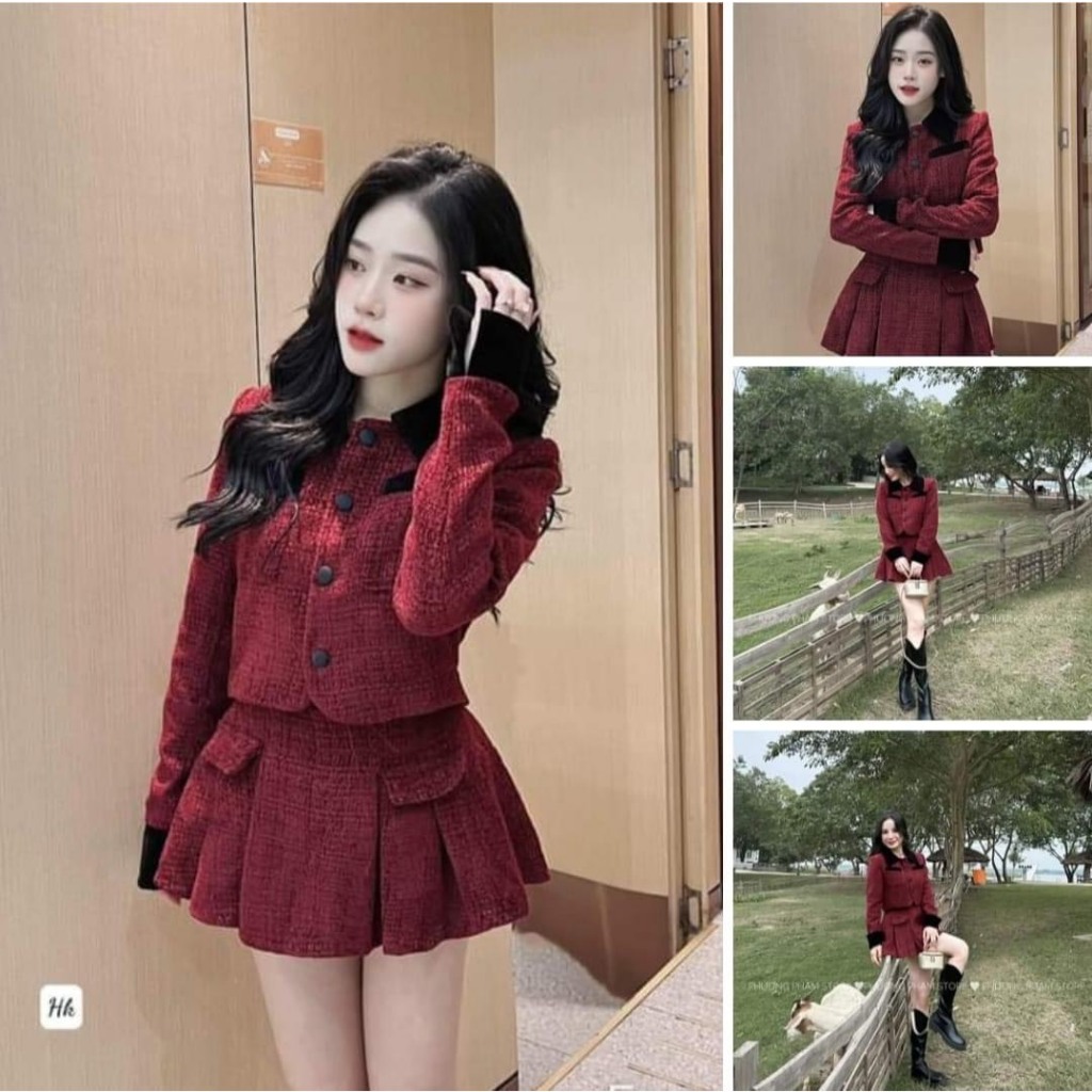 Set đồ đỏ nơ đen cao cấp loại 1, Set đồ nữ dày dặn 2 lớp đệm vai