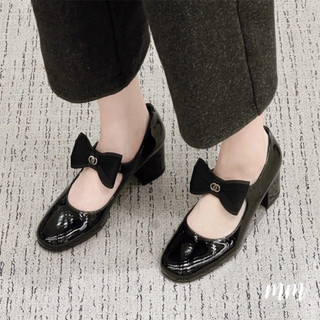   sẵn  giày cao gót mũi tròn quai NƠ búp bê da bóng 7cm Fullbox 