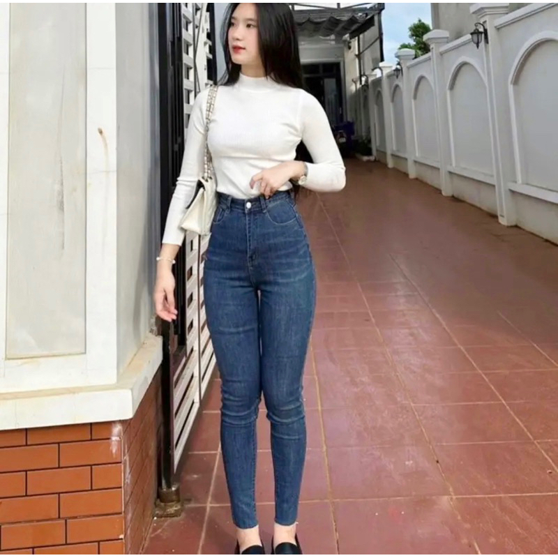 Quần Jean Skinny 3 Màu Đen/Xanh Đậm/Xanh Nhạt Trơn Tua Lai, Lưng Cao Co Giãn
