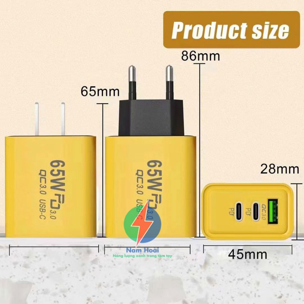 Cốc sạc nhanh 3 trong 1 AR-PD05 Sạc nhanh QC 3.0 công suất 65W 1 cổng USB, 2 cổng Type C - Hàng chính hãng