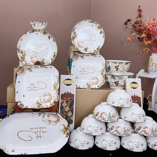 Bộ tô bát chén đĩa, hoa hải Đường 19SP chất liệu gốm sứ tráng men an toàn decor cao cấp