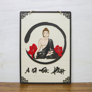 Tranh gỗ chủ đề Phật pháp chữ thư pháp A di đà phật hình phật ngồi tặng đinh 3 chân - TP12