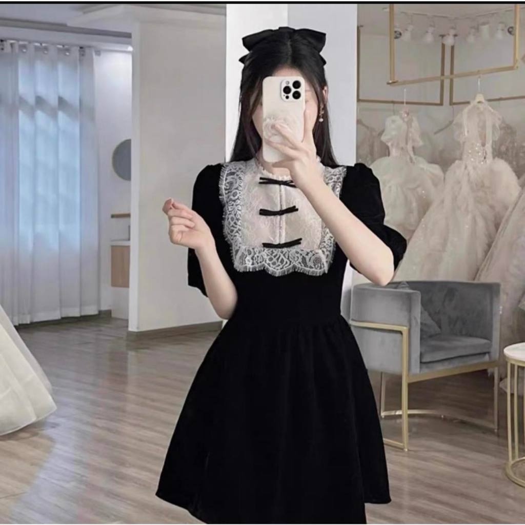 🌷Đầm nhung phối ren trắng