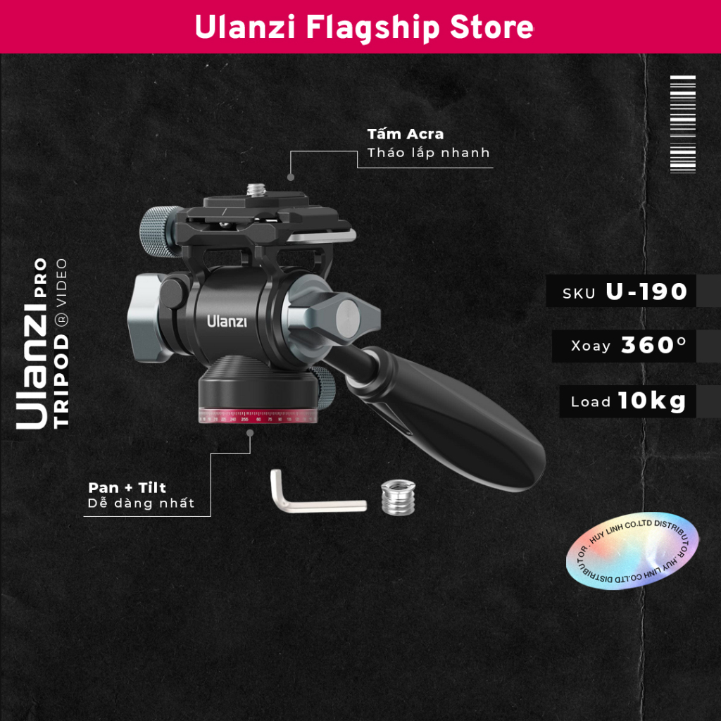Ulanzi U190 Đầu Ballhead cao cấp có tay nắm chuyên nghiệp Full kim loại - Khả năng tải 10Kg