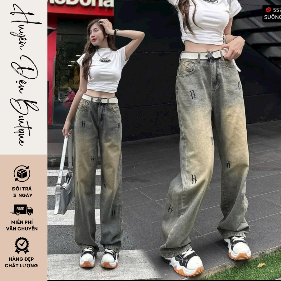 Quần Jean ống suông rộng nữ thêu chữ H, cạp cao, dáng dài, quần bò nữ ống rộng cá tính TD5577- Huyền