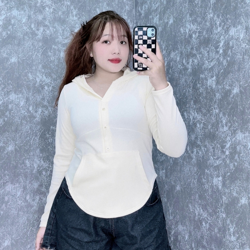 Áo thun nữ bigsize dài tay nón cách điệu vạt bầu túi kiểu trước bụng chất vải gân dày dặn phong cách G51