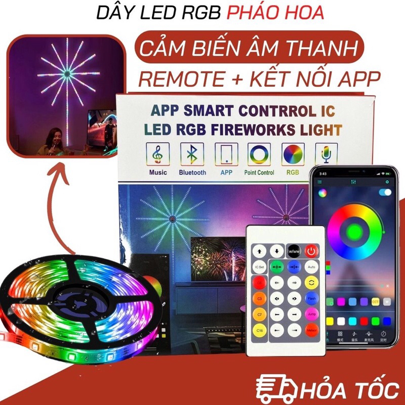ĐÈN LED PHÁO HOA, DÂY LED PHAO HOA TRONG NHÀ RGB 16 Triệu Màu Cảm Biến Âm Thanh Có Remote, Kết Nối APP, nháy theo nhạc
