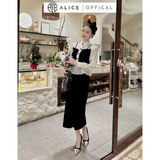 Set váy nhung công sở phối tơ alice áo nhung phối tơ chất mềm min kèm chân váy nhung suông s422