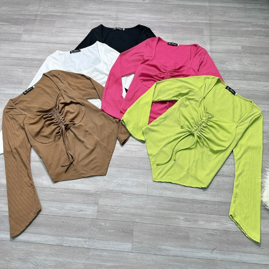 Áo thun bigsize nữ tay dài vạt bầu xiên có dây rút ngực khoe vòng 1 xinh chất vải gân tăm co giãn thoải mái G49